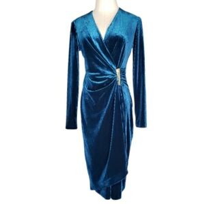 Calvin Klein Velvet Velour Dress 4 Teal Green Faux Wrap Evening Event Party